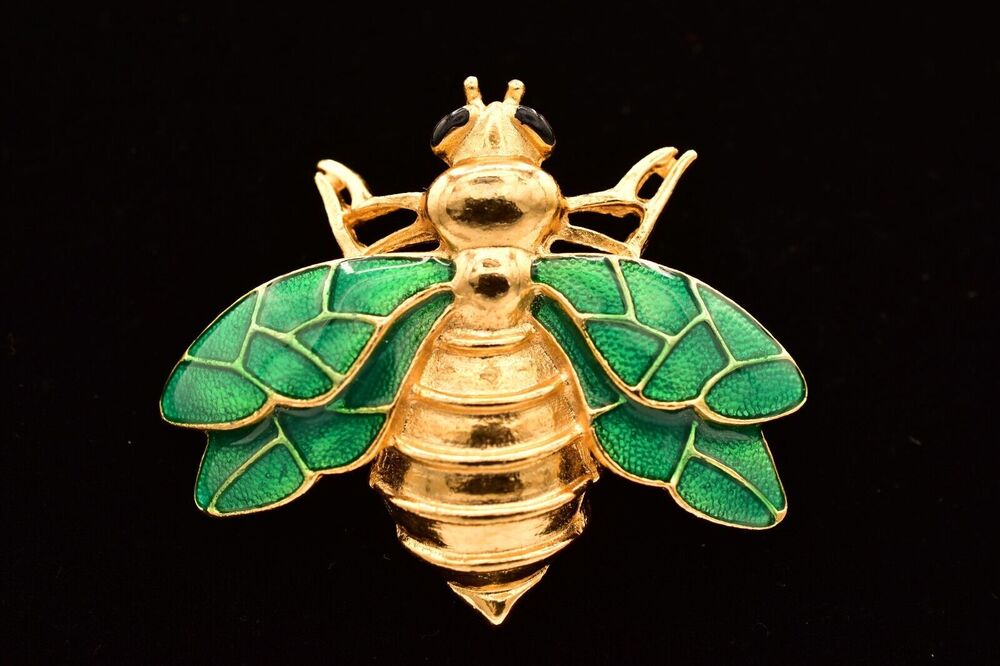 Don Lin Vintage Flying Insect Pin Brooch Green Enamel Fly Gold Tone Signed BinBG
